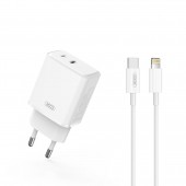 XO L145 ΦΟΡΤΙΣΤΗΣ ΜΕ ΚΑΛΩΔΙΟ LIGHTNING, PD 20W USB-C + LIGHTNING , 2 ΘΥΡΕΣ, ΛΕΥΚΟΣ