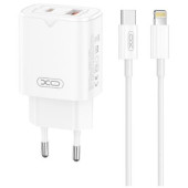 XO L130 ΦΟΡΤΙΣΤΗΣ PD30W/QC18W, ΜΕ ΚΑΛΩΔΙΟ LIGHTNING, 1 ΘΥΡΑ USB + 1 ΘΥΡΑ PD, ΛΕΥΚΟΣ