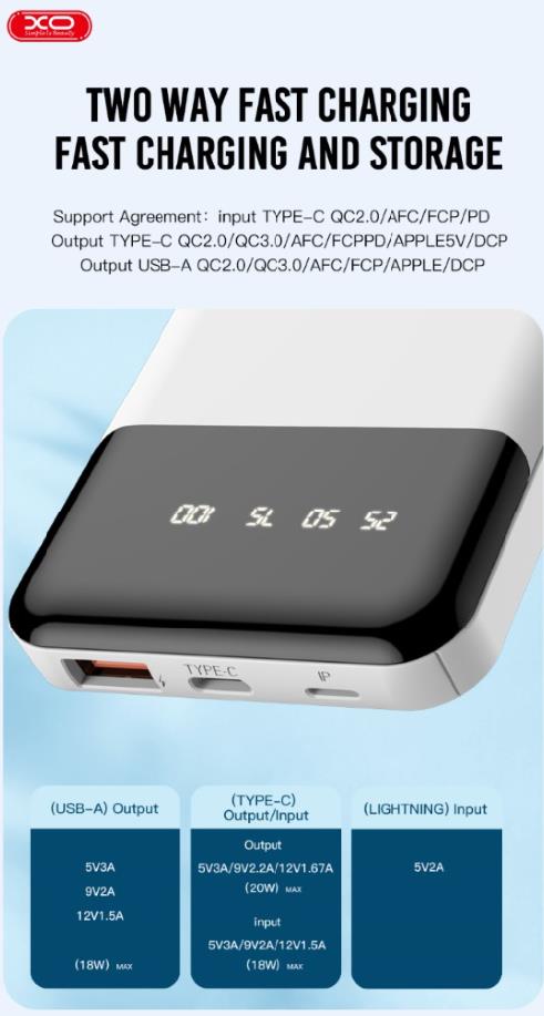 XO PR192 POWERBANK PD20W, QC 18E, 20000 mAh, ΜΕ ΟΘΟΝΗ, ΛΕΥΚΟ