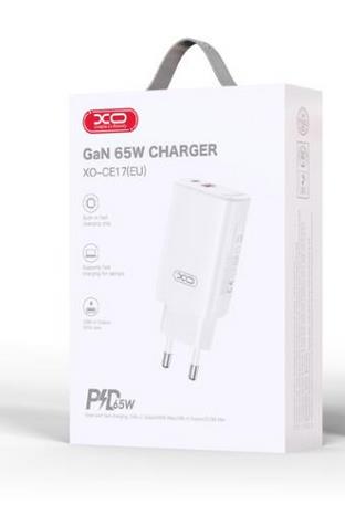 XO CE17 ΦΟΡΤΙΣΤΗΣ 65W GAN NITRIDE 1 ΘΥΡΑ USB plus 1 ΘΥΡΑ PD, ΛΕΥΚΟΣ