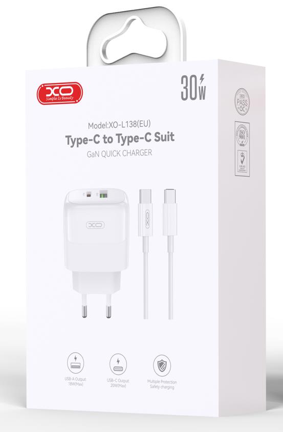 XO L138 ΦΟΡΤΙΣΤΗΣ 30W GAN NITRIDE 1 ΘΥΡΑ USB plus 1 ΘΥΡΑ PD, ΚΑΛΩΔΙΟ TYPE-C, ΛΕΥΚΟ.