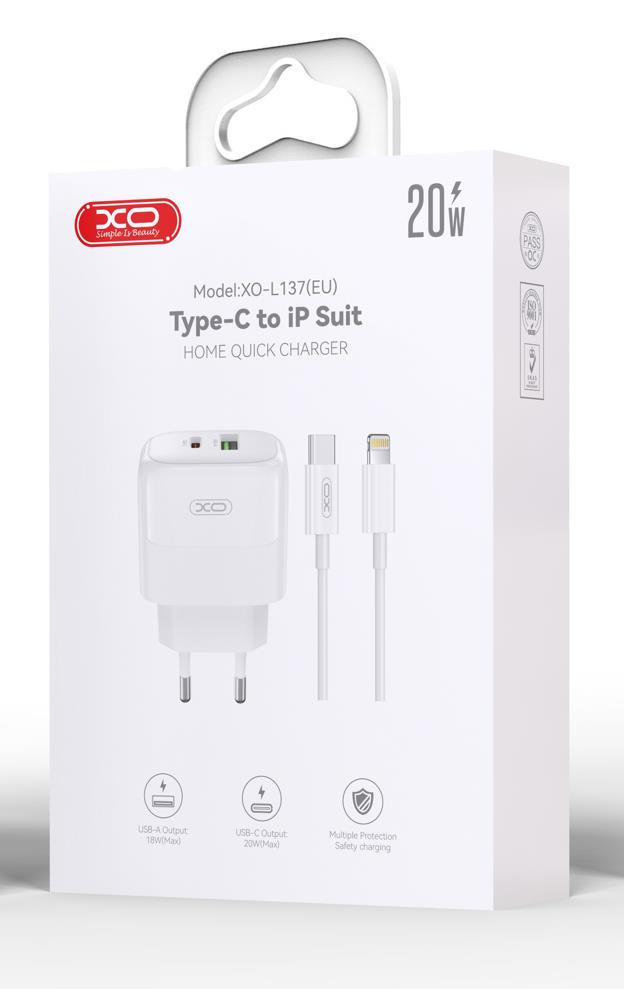 XO L137 ΦΟΡΤΙΣΤΗΣ PD20W/QC18W, 1 ΘΥΡΑ USB plus 1 ΘΥΡΑ PD, ΜΕ ΚΑΛΩΔΙΟ LIGHTNING, ΛΕΥΚΟ