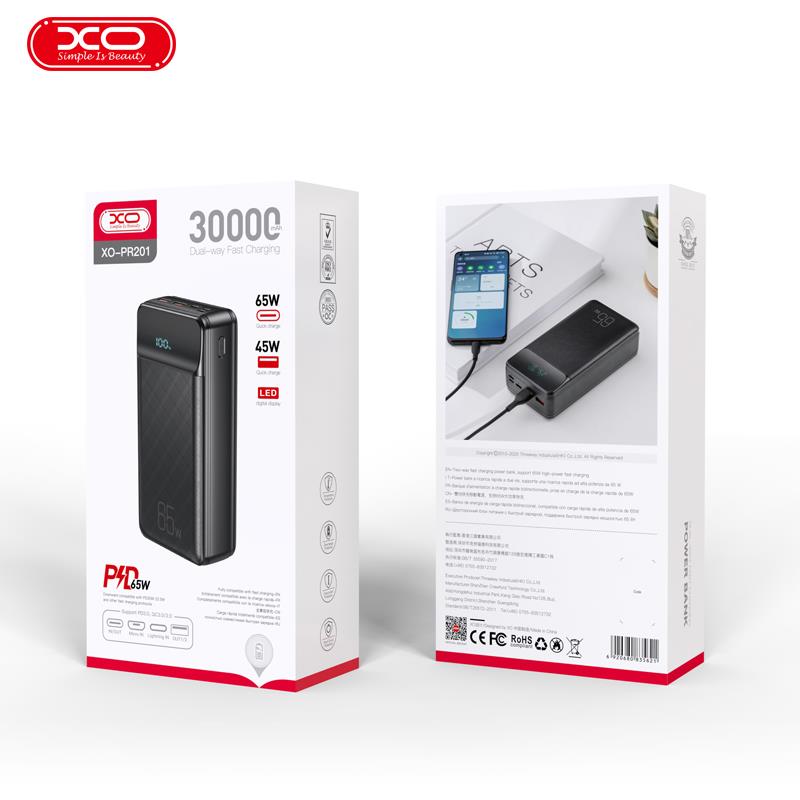 XO PR201 POWERBANK 65W FAST CHARGING (QC22.5W / PD65W) ΜΕ ΟΘΟΝΗ, 30000mAh