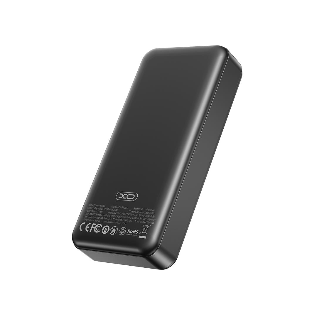 XO PR239 POWERBANK QC3.0 22.5W plus PD20W ME ΟΘΟΝΗ, 20000MAH, ΜΑΥΡΟ