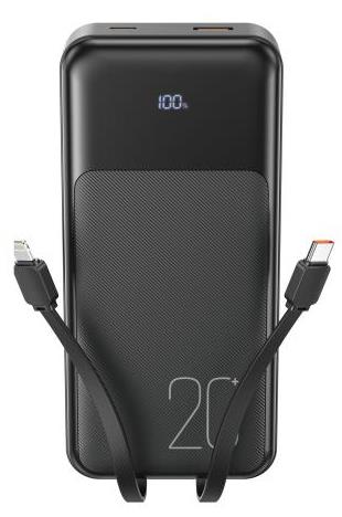 XO PR249 POWERBANK PD 20W plus QC 22.5W ΜΕ ΕΝΣΩΜΑΤΩΜΕΝΟ ΚΑΛΩΔΙΟ TYPE-C ΚΑΙ LIGHTNING , ΟΘΟΝΗ, 20000mAh , ΜΑΥΡΟ